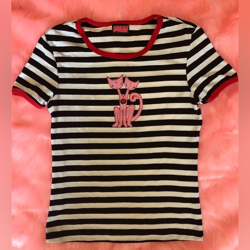 Vintage 90s Y2K Stripe Cat Babydoll Tee Liz McGrath for Fine Mall Goth Hot Topic